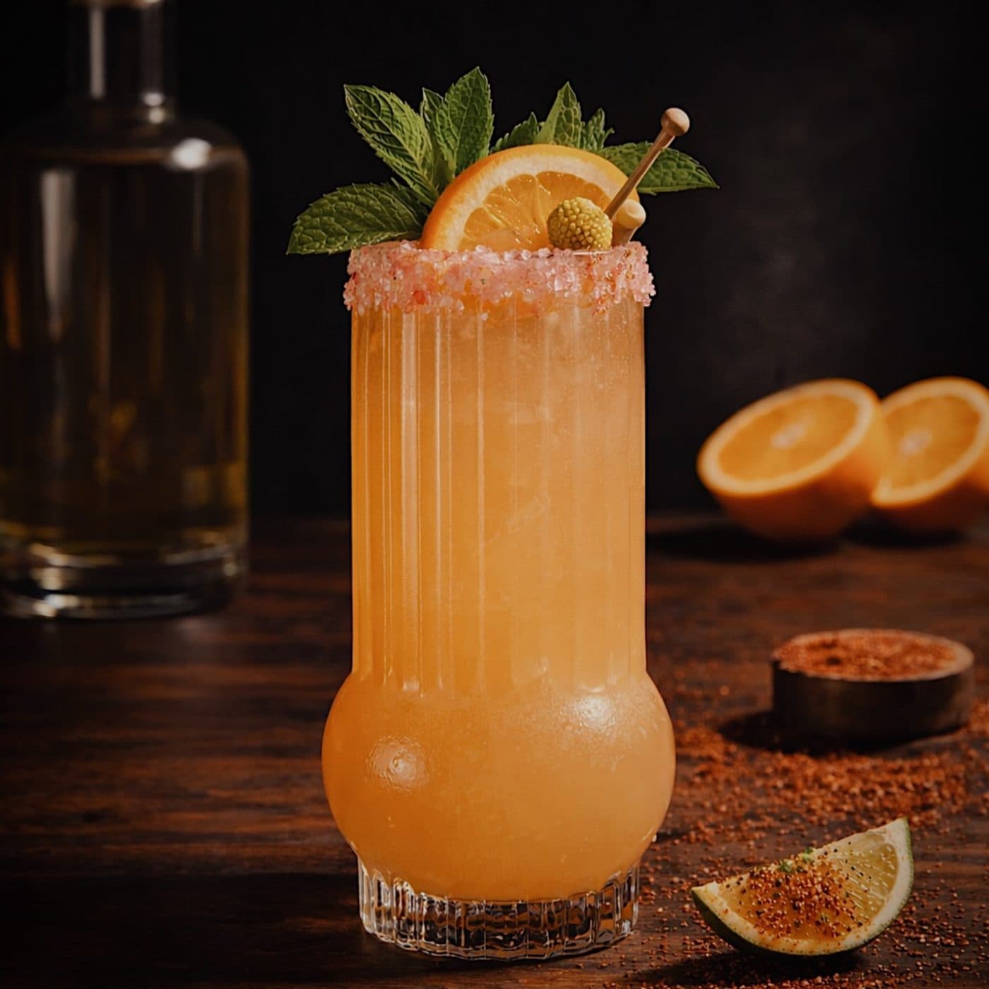 An orange Miel de Agave cocktail with citrus, mint, and a seasoned rim